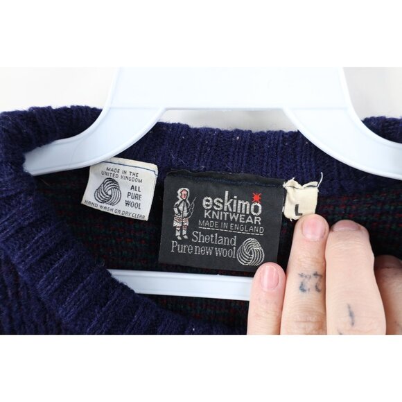 Vintage 70s Streetwear Womens Large Distressed Argyle Wool Ribbed Knit Sweater - Picture 10 of 14